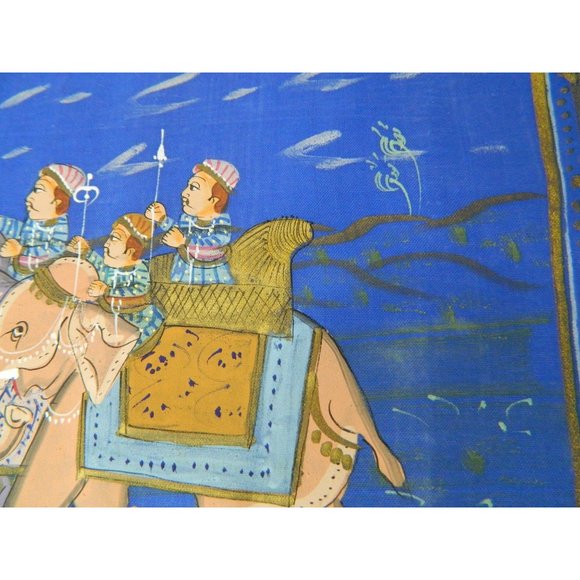 Blue Silk Elephant Folk Art Asian Silkscreen Print 12" X 9" - Picture 7 of 12